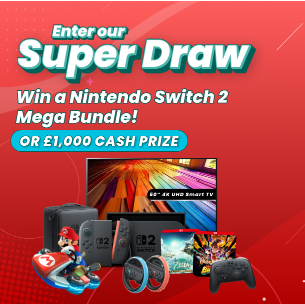 Enillwch fwndel gemau mega Nintendo Switch 2, neu £1,000 mewn arian parod!